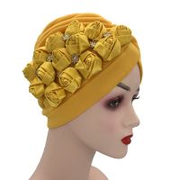 【YF】 Elegant Rose Flowers Womens Cap Ready Turban Hats Muslim Headscarf Bonnet Female Head Wraps India African Hat Headtie