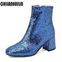 ankle boots women autumn winter glitter round toe high heel handmade female booties golden silver lady wedding shoes botas mujer