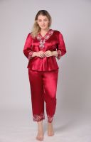 【JH】Large Size 3/4 Long Sleeve 2PCS Lady Satin Pajamas Set Sexy Lace Flower Sleep Suit Lounge Sleepwear XL-6XL Lingerie Home Clothes