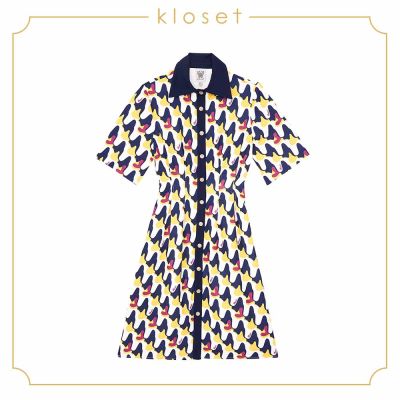 Kloset kiss printed collar dress (AW19-D010)เสื้อผ้าผู้หญิง เสื้อผ้าแฟชั่น เดรสแฟชั่น เดรสผ้าพิมพ์