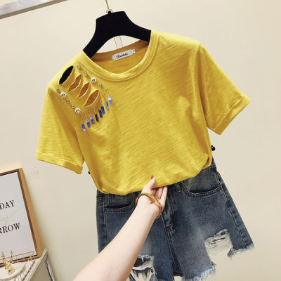 Short Sleeve Tshirt Cotton Shirts Woman New Korean Style Loose Fitting 2XL T-shirt Womens Hollow Holes Tee Tees Students Tops