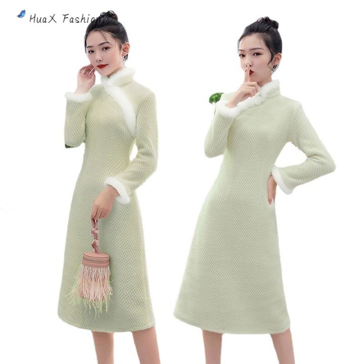 huax-ฤดูหนาวผู้หญิงขนแกะเรียงราย-cheongsam-ชุดแขนยาวขนาดใหญ่หวานกลางความยาวชุดแฟชั่นเสื้อผ้า