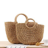 Female Elegant Handmade Woevn Straw Bag Handbags Summer Vacation Simple Beach Bag Women Fashion Casual Drawstring Pocket Handbag