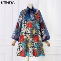 ❃ Vonda ชุดมิดี้เดรส คอกลม แขนยาว พิมพ์ลายดอกไม้ ลูกไม้ ทรงหลวม สไตล์วินเทจ สําหรับผู้หญิง