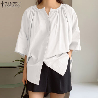 (สินค้ามาใหม่)(จัดส่งฟรี)Fancystyle ZANZEA เสื้อเบลาส์คอกลมติดกระดุมแฟชั่นเสื้อมีจีบลำลองสไตล์เกาหลีของผู้หญิง #10