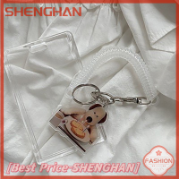 SHENGHAN ที่ใส่บัตรรูปภาพอะคริลิคใสน่ารักน่ารักสายโซ่สุนัขแนววินเทจเคสป้องกันบัตรพร้อมจี้ที่เก็บรูปถ่ายบัตรสำหรับรถบัส