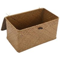 Handmade Straw Woven Storage Basket with Lid Makeup Organizer Storage Box Seagrass Laundry Baskets Rattan Jewelry Box