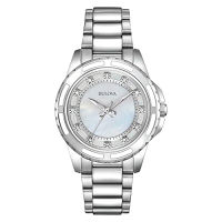 Bulova Ladies Classic Diamond Dial Stainless Steel 3-Hand Quartz Watch, White Mother-of-Pearl Dial