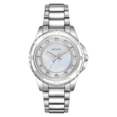 Bulova Ladies Classic Diamond Dial Stainless Steel 3-Hand Quartz Watch, White Mother-of-Pearl Dial