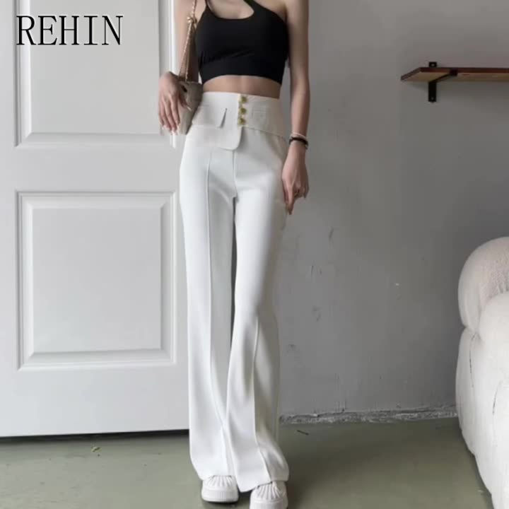 rehin-กางเกงขาบานชุดลำลองเอวสูงตกแต่งโลหะคุณภาพสูงสำหรับผู้หญิงสไตล์เกาหลีแบบใหม่สีทึบ