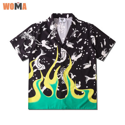 WOMA เสื้อเชิ้ตแขนสั้นพิมพ์ลายเปลวไฟสำหรับผู้ชาย,เสื้อลำลองทรงหลวมเสื้อเชิ้ตแขนสั้นคอปกเสื้อยืดสำหรับผู้ชาย