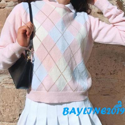 Bay - เสื้อสเวตเตอร์ถักสําหรับสตรีแขนยาวคอลูกเรือทรงหลวม