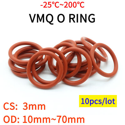 10pcs VMQ O Ring Seal ปะเก็นความหนา CS 3mm OD 10 ~ 70mm ยางซิลิโคนฉนวนกันน้ำเครื่องซักผ้าทรงกลม Nontoxi สีแดง-Yinguer