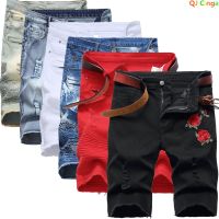 Summer Red Rose Embroidered Jeans Shorts Mens Fashion Casual Shorts Black Blue White Men Torn and Frayed Denim Shorts