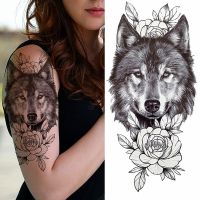 1pc Wolf Flower Rose Bouquet Camellia Women Lady Waterproof Temporary Tattoos Fake Stickers Arm Forearm Cool Art Sexy Black Stickers