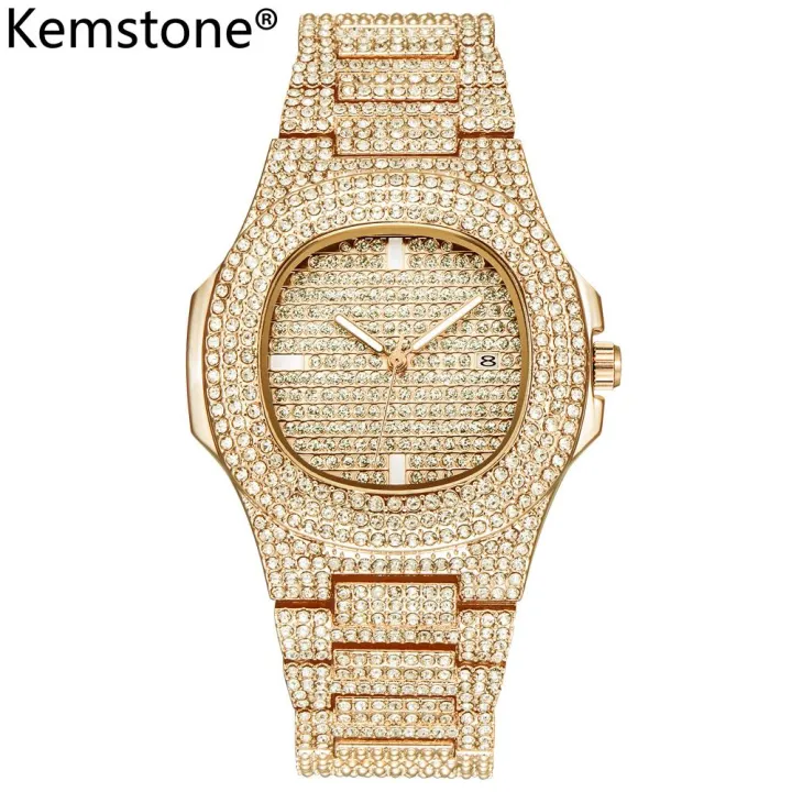 kemstone-นาฬิกาผู้ชายคริสตัลเต็มรูปแบบนาฬิกาควอตซ์บอกวันที่แฟชั่นเพชรแบรนด์หรู