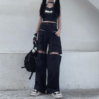 Deeptown Gothic Techwear Emo Black Cargo Pants Women Punk Oversize Hollow Out Wide Leg Pocket Trousers For Female Goth Hip Hop