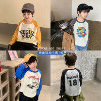 Childrens tops boys and girls 2023 spring long sleeve Raglan T-shirt baby Korean cartoon western style color block basic shirt