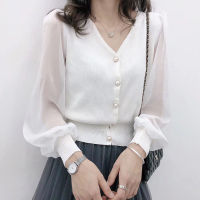 Womens Spring Autumn Style Chiffon Blouses Shirt Womens Knitted Button Long Sleeve Solid Color Lace Patchwork Tops SP820