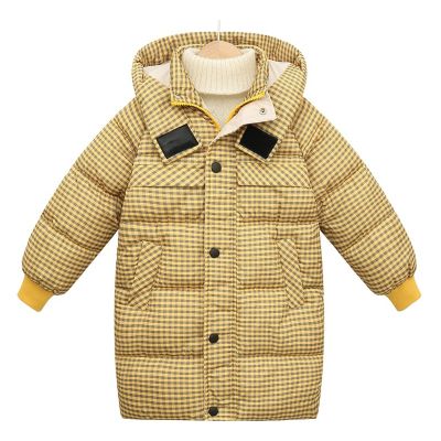 2023 new childrens Plaid medium length cotton clothes boys and girls solid color hooded down jacket baby warm coat
