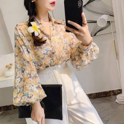 Autumn chiffon shirt female new 2020 loose lantern sleeve long sleeve jacket female Korean version of embroidery floral shirt