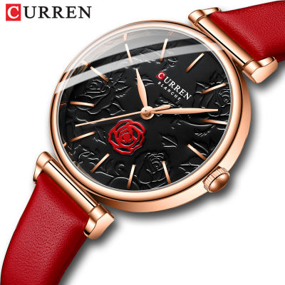 CURREN Red Watches for Women Charming Flowers Dial Quartz Wristwatch for Dress Style Ladies Leather Clock