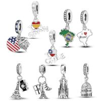 Spain Brazil United States Chile Country Name Charms 925 Sterling Silver Fit Original Pandora Bracelet  Beads For Women Jewelry