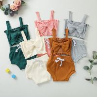 Fashioon New Toddler Baby Girls 2PCS Summer Outfits Solid Color Sleeveless Big Bowknot Front Rib Knit Tank Tops+Shorts Clothes  by Hs2023