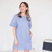 SUUBE Official Ivy dress - Soft blue(ฟ้าหม่น)เดรสสั้นแขนพอง ผ้าลินินแท้ ทรงตรง ชุดมีซับในและกระเป๋าข้าง เดรสแขนตุ๊กตา