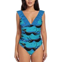 【CAS】   Blue Zoomies Pattern Women 39;S Ruffle One Piece Swimsuit Bodysuit One Piece Swimwear ชุดว่ายน้ำ Beachwear Greyhound Whippet