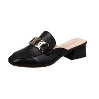 SYNXDN Women Mules Good Leather Slippers Spring Summer Flip Flops Mid Square Heels Buckle Slip On Heels Female Sandalias