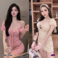 B13184 เดรสแขนตุ๊กตาอกผูกเชือกทอนูน Doll sleeves dress with ribbed lace-up chest