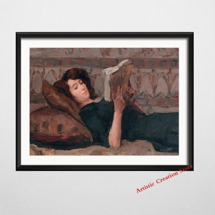 ผู้หญิงอ่านภาพวาดสีน้ำมันโบราณบนผ้าใบโปสเตอร์-vintage-gallery-wall-art-ภาพ-victorian-ladies-gallery-art-home-decor