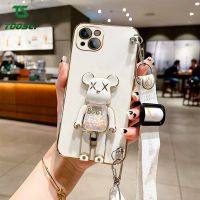 ลูกอมรูปหมีสเตอริโอ3D สุดหรูชุบที่วางแบบหมุนได้ฝาหลัง TPU เคสนิ่มใส่โทรศัพท์ + สายคล้องสำหรับ Realme Narzo 20 Narzo 30A Narzo 50i นายก Narzo 50A OPPO F5ไพรม์ F7 F9 F11โปร