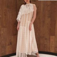 P007-050 PIMNADACLOSET - One Shoulder Sleeveless Crew Neck Side Button Down Asymmetric Corded Lace Maxi Dress