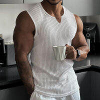 （Ready Stock）? 2023 Years Mens Summer Knitted Fitness Vertical Stripes Casual Slim Fit Sports V-Neck Wide Shoulder I-Shaped Vest YY