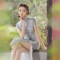 2022ใหม่จีนแห่งชาติชีฟอง cheongsam แขนสั้นชุด Slim ดอกไม้ R ผู้หญิงยาว qipao Light Blue XXL ซับ...