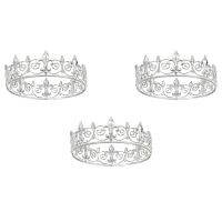 3X Royal King Crown สำหรับผู้ชาย-มงกุฎเจ้าชายโลหะและ Tiaras,หมวกงานเลี้ยงวันเกิดเต็มรอบ,ยุคกลาง (สีเงิน)