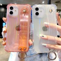 FELIXIO Soft TPU กันกระแทกป้องกันปกหลังสำหรับ iPhone X XS XR Max 7 8บวก SE 2020สำหรับ iPhone 11 12 13 14 Pro Max มินิส่องแสงใสซิลิโคนสายรัดข้อมือที่วางขาตั้งโทรศัพท์กรณี