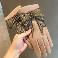 Luxury Brand Gloves Winter Women Gloves Cashmere Mittens Female Bling Rhinestone Bowknot Warm Wool Gloves Women Driving Gloves