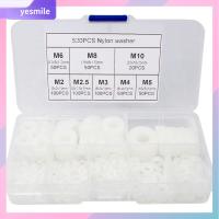 YESMILE 520Pcs M2 M2.5 M3 M4 M5 M6 M8 M10 เครื่องซักผ้าไนลอน สีขาวขาว กลมกลมๆ ชุดเครื่องซักผ้าแบน พร้อมกล่องเก็บของ ขนาด8นิ้ว แหวนปิดผนึก การเชื่อมต่อไฟฟ้า