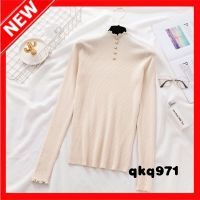 qkq971 New 2022 Slim Fit Half Turtleneck Knitted Bottoming Shirt Ladies Long Sleeve Pullover Temperament Pearl Top