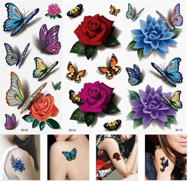 XUNJIE 3Pcs Lifelike Design Waterproof Art Tags 3D Tattoos Styles Handmade  DIY Temporary Tattoo Body Tattoos Rose Flower Stickers Butterfly Shape  Decals | Lazada