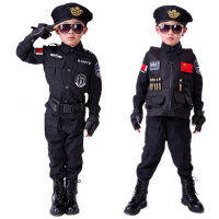 Policemen Costumes Boys Special Police Uniform Childrens Day Gift Army Long Sleeve Coat+Pants+Belt+Gloves+Hat Cosplay Clothing