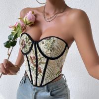 【LZ】☍✒◆  Corte real feminina com cordões Floral desossada Overbust espartilho lingerie sexy Bustier shaper do corpo vintage push up top clubwear