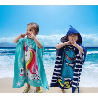 【CC】 Hooded Cartoon Children Beach Cloak Large Wearable Absorbent Microfiber Ponch Bathrobe Beachwear Pool