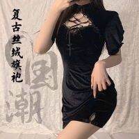 [Free ship] New retro dark sexy improved cheongsam dress female Gothic tie suede high waist slim little black