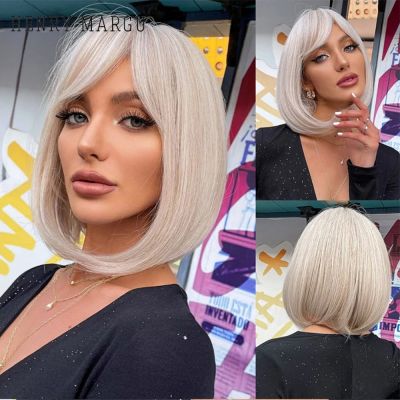 HENRY MARGU Short White Bob Synthetic Wigs Platinum Straight Natural Hair for Women With Bangs Daily Lolita Heat Resistant Cute