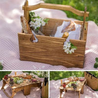 Portable Wooden Picnic Table Carry Handle Folding Wine Table Beach Camping Garden Picnic Desk Storage Basket Fruit Snack Tray