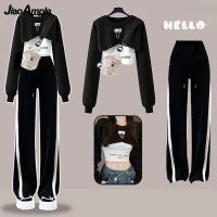 2023 Spring Autumn Womens Tracksuit Set Korean Fashion Short Long-sleeved Sweater Vest Casual Wide Leg Pants Three-piece Suit